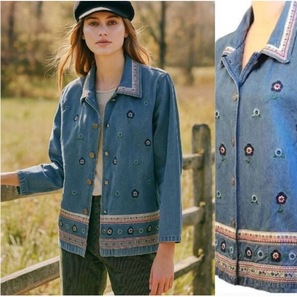 VTG 90s Floral Embroidered Long Sleeve Button Down Denim‎ Top XL Grannycore